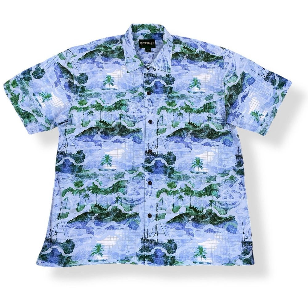 Outdoor‎ Life Shirt Men Large Blue Short Sleeve Button Down Sailboat Print Camp
